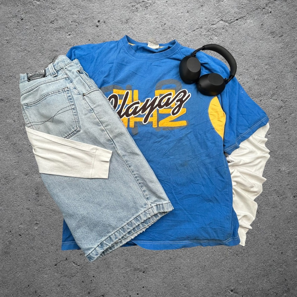 Vintage FNF Playaz Graphic T-Shirt Blue Yellow XXL Y2K Streetwear Boxy Fit 0639